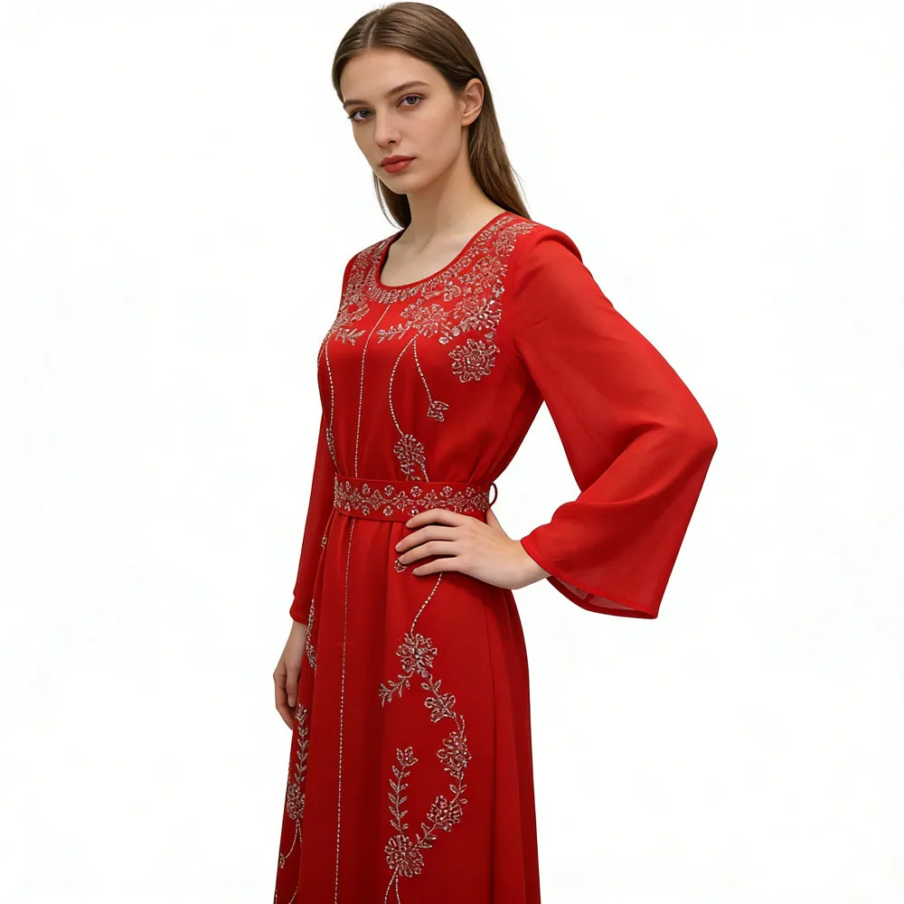 

Muslim Belted Dress Flower Diamonds Abaya Women Evening Party Dresses Elegant Round Neck Lace-up Robe Turkey Jalabiya Caftan New