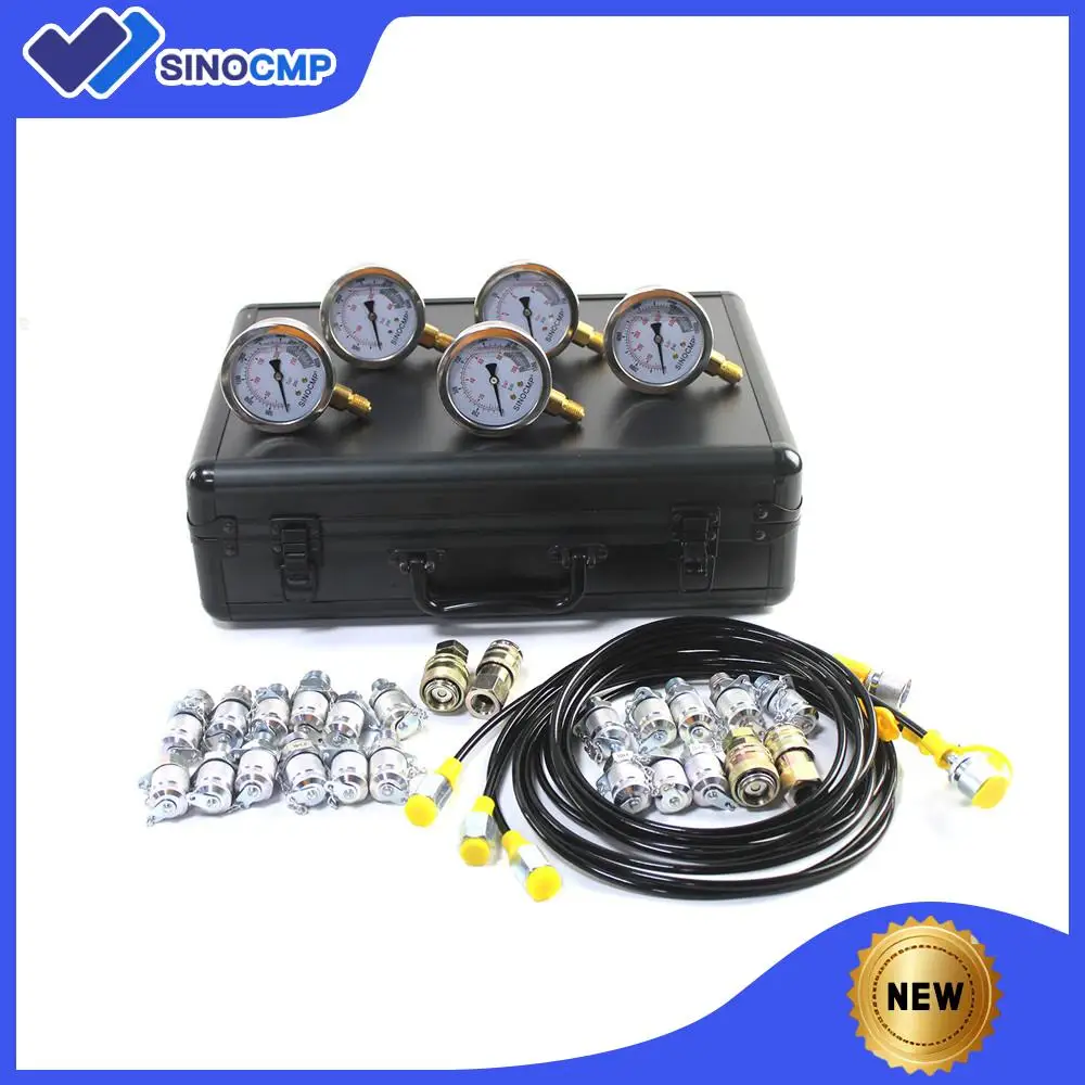 

1/10/25/40/60Mpa Hydraulic Pressure Test Kit w/ 5 Gauges, 3 Test Hoses & 24 Couplings Hydraulic Test Gauge Kit for Excavators