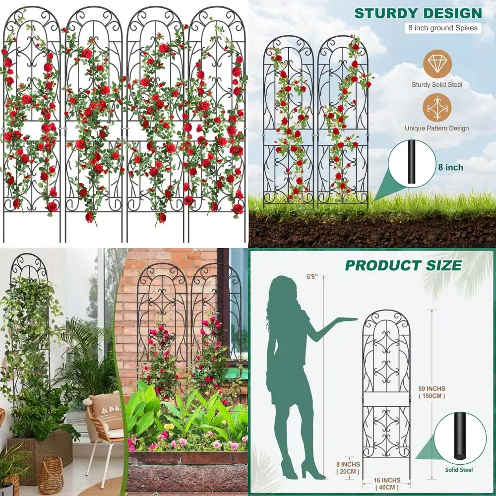

Black Metal Garden Trellises for Climbing Plants, Vines, and Roses, Large Decorative Plant Support