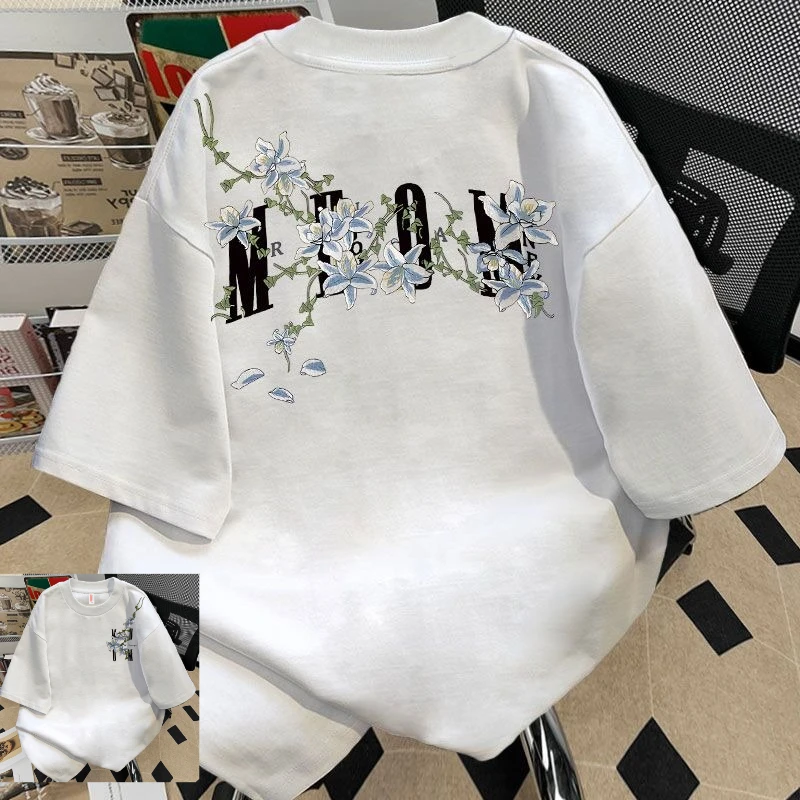 كرمة زهرة تي شيرت مطبوع الرجال والنساء الصيف العصرية العلامة التجارية الأمريكية قصيرة الأكمام المتضخم شارع العليا القطن نصف كم #3