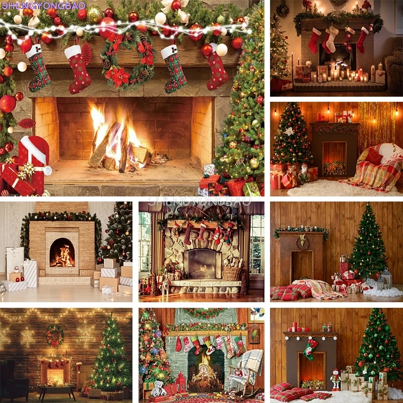 

Christmas Decorative Fireplace Photography Backdrops Xmas Trees Nativity Stocking Interior Wooden Decor Photo Background DG-01