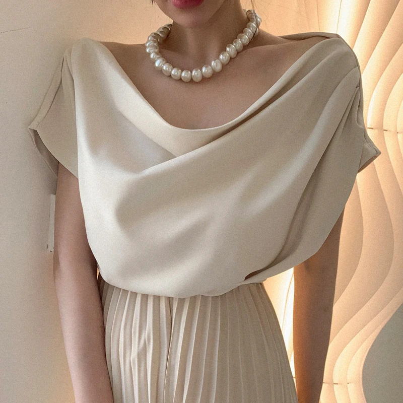 세련된 여름 루즈핏 v 넥 플리츠 반소매 셔츠 여성 탑 우아한 Drapey 다목적 버블 슬리브 캐주얼 블라우스
