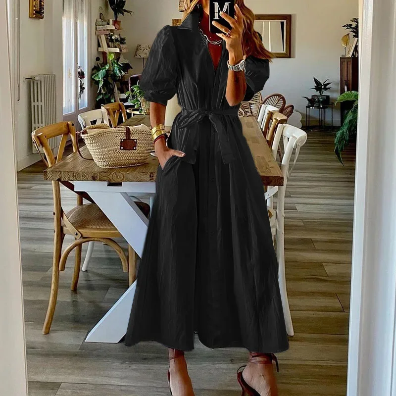 2024 Women Elegant Long Shirt Dress Chic Loose Autumn Winter Short Puff Sleeve Single Breasted Lace Up Maxi Dress Streetwear