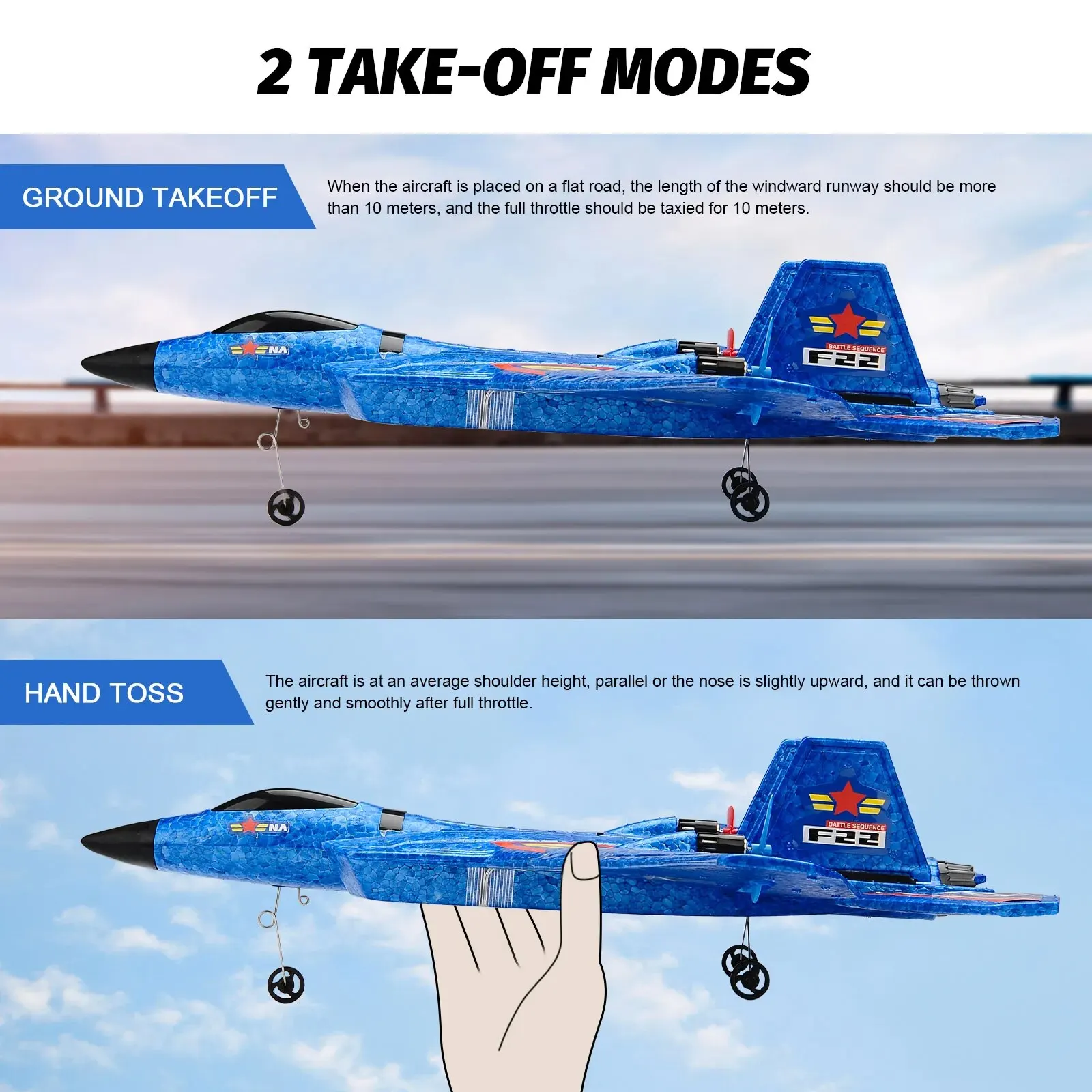 Avión Teledirigido F-22 De 63 Cm – 2 Canales Y 2.4 GHz, Fácil De Manejar Para Principiantes, Niños Y Adultos (Azul)