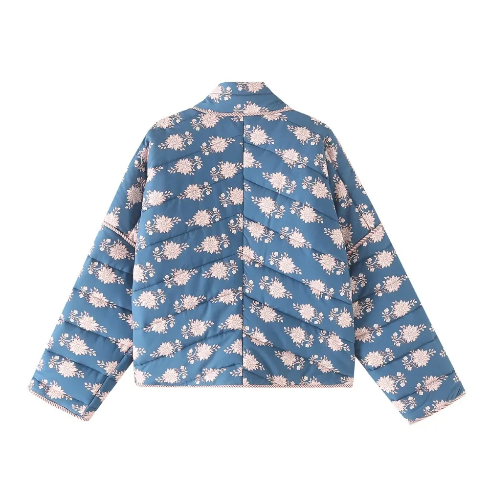 Relaxation Casual Ladies Padded Cost Floral Print Padded Quilting Loose Cardigan Jacket Women High Street Long Sleeve Outer Top