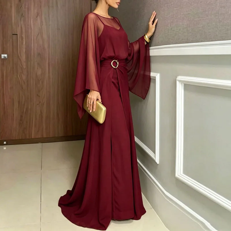 Women Formal Jumpsuit 2Pcs Set Sheer Flare Sleeve High Waist Split Overlay Wide Playsuit Suit Evening Prom Wedding Romper Outfit view 2
