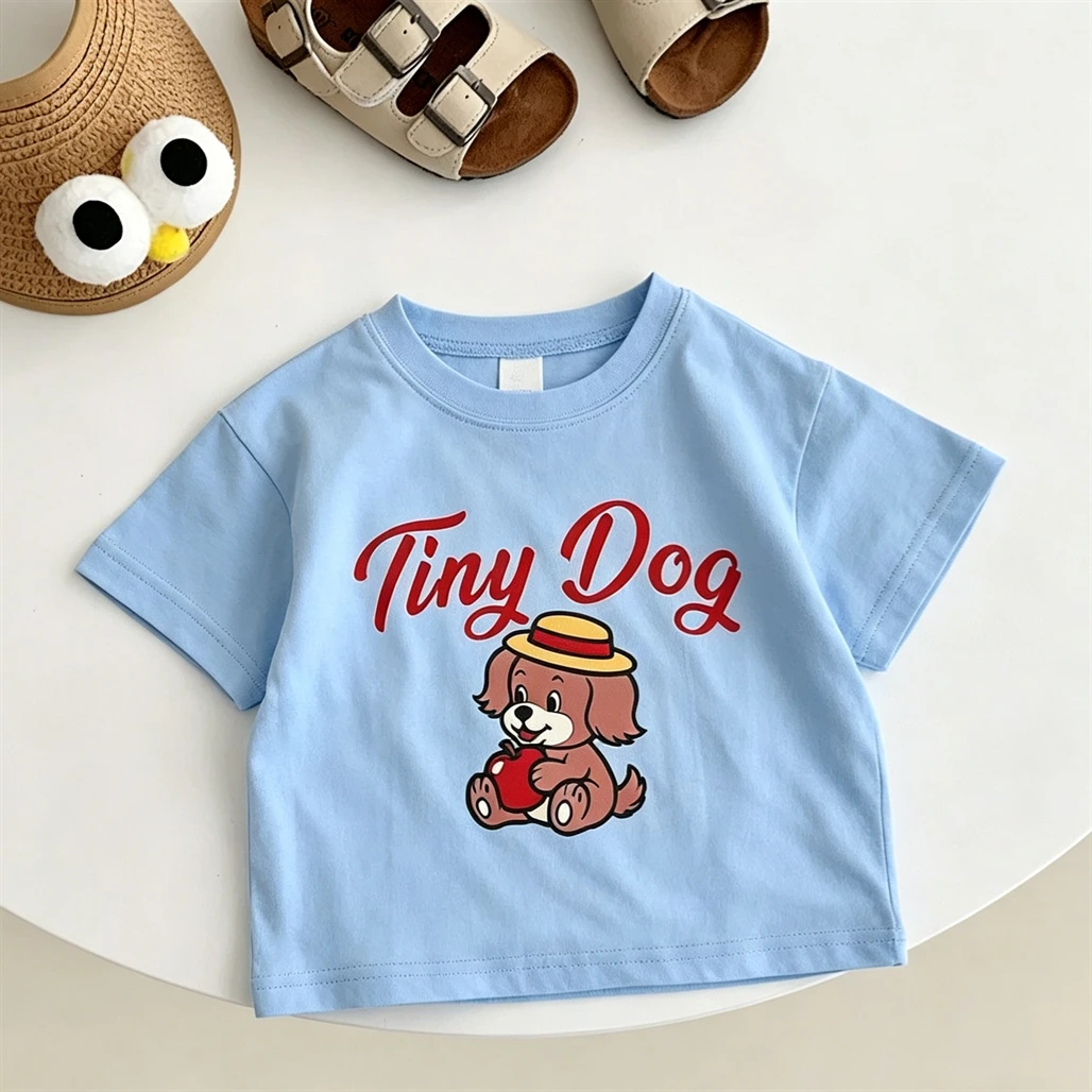White Blue T-shirt For Boys And Girls Short-sleeved Tops New Design Tees Round Neck Base Shirt Toddler Loose Casual Clothing