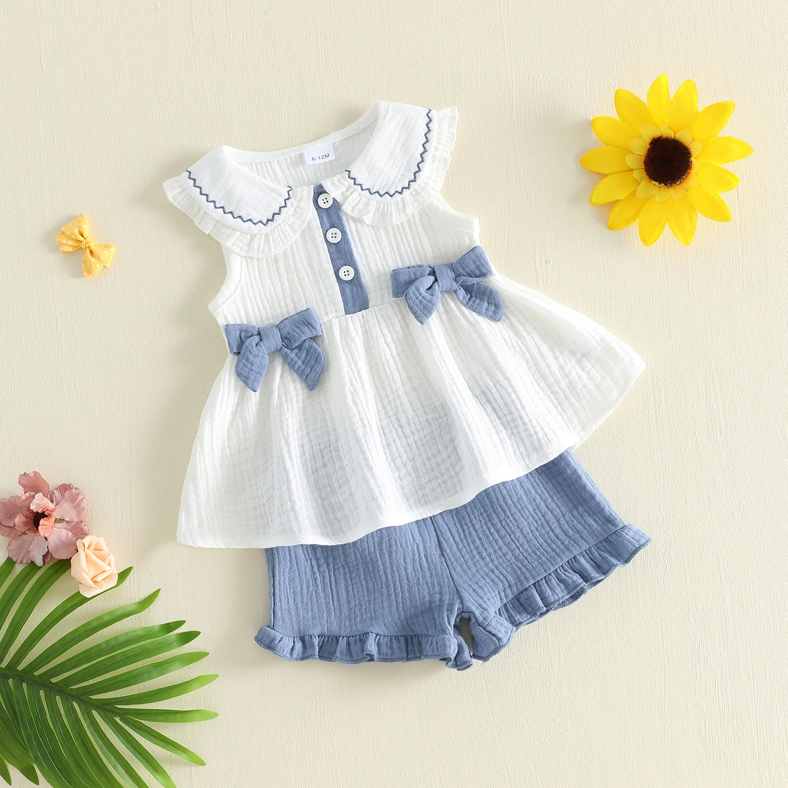 0-4Y Kids Girls Summer 2 Piece Outfits Sleeveless Doll Collar Tank Tops Ruffle Trim Shorts Cute Children's Sets