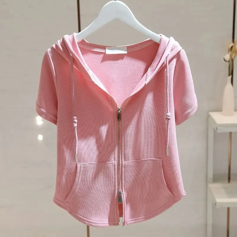 Women's Hooded T-Shirt Short Sleeve Zip Up Cardigan Casual Top