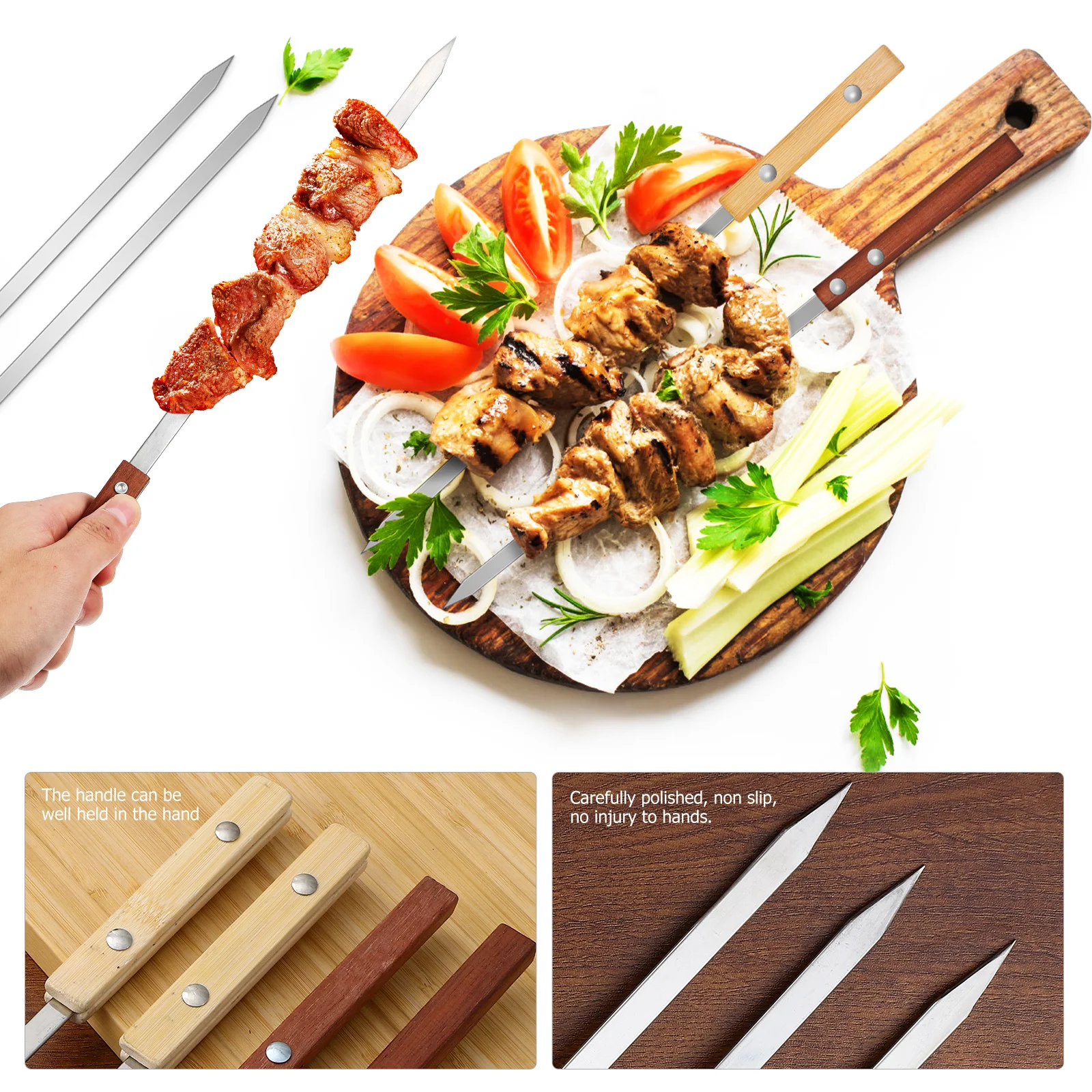 

12Pcs Bbq Skewers Stainless Steel Flat Grill Skewers Wooden Handle Non-Slip Reusable for Outdoor Barbecues Camping Grill