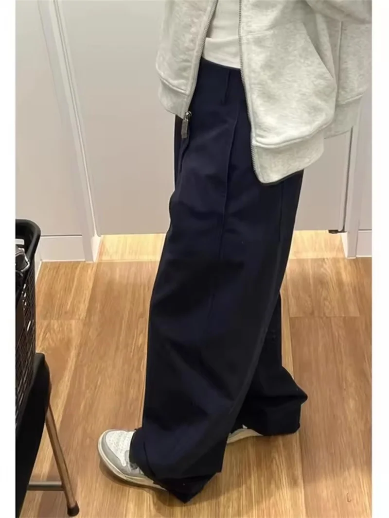 الرجعية الأمريكية سكين منحني الأزرق الداكن واسعة الساق مستقيم الجينز النساء ربيع الخريف عادية عالية الخصر بنطلون فضفاض سراويل تقليدية #3