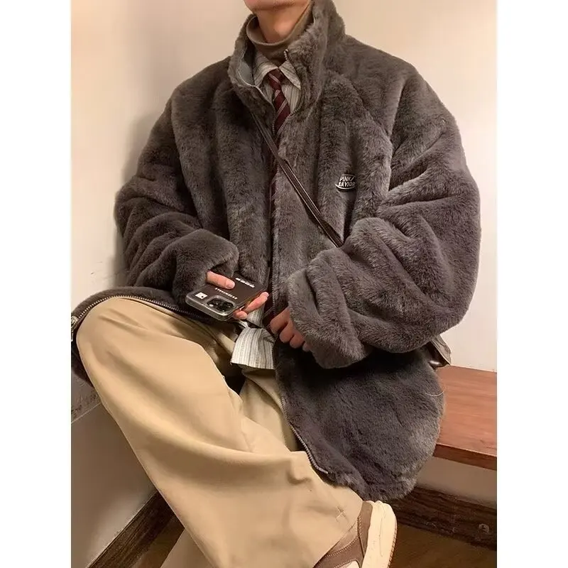 

Men's winter velvet and thickened cotton-padded clothes wearing rabbit fur jackets on both sides