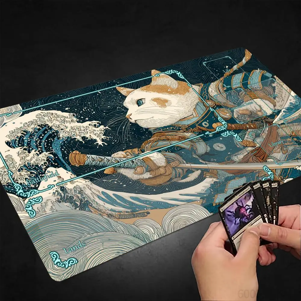 Digital Art Warrior Cat MTG Playmat Magic Card Mat with Stitched Edge Non-Slip Durable Tabletop Playmat Board Game Mat for TCG