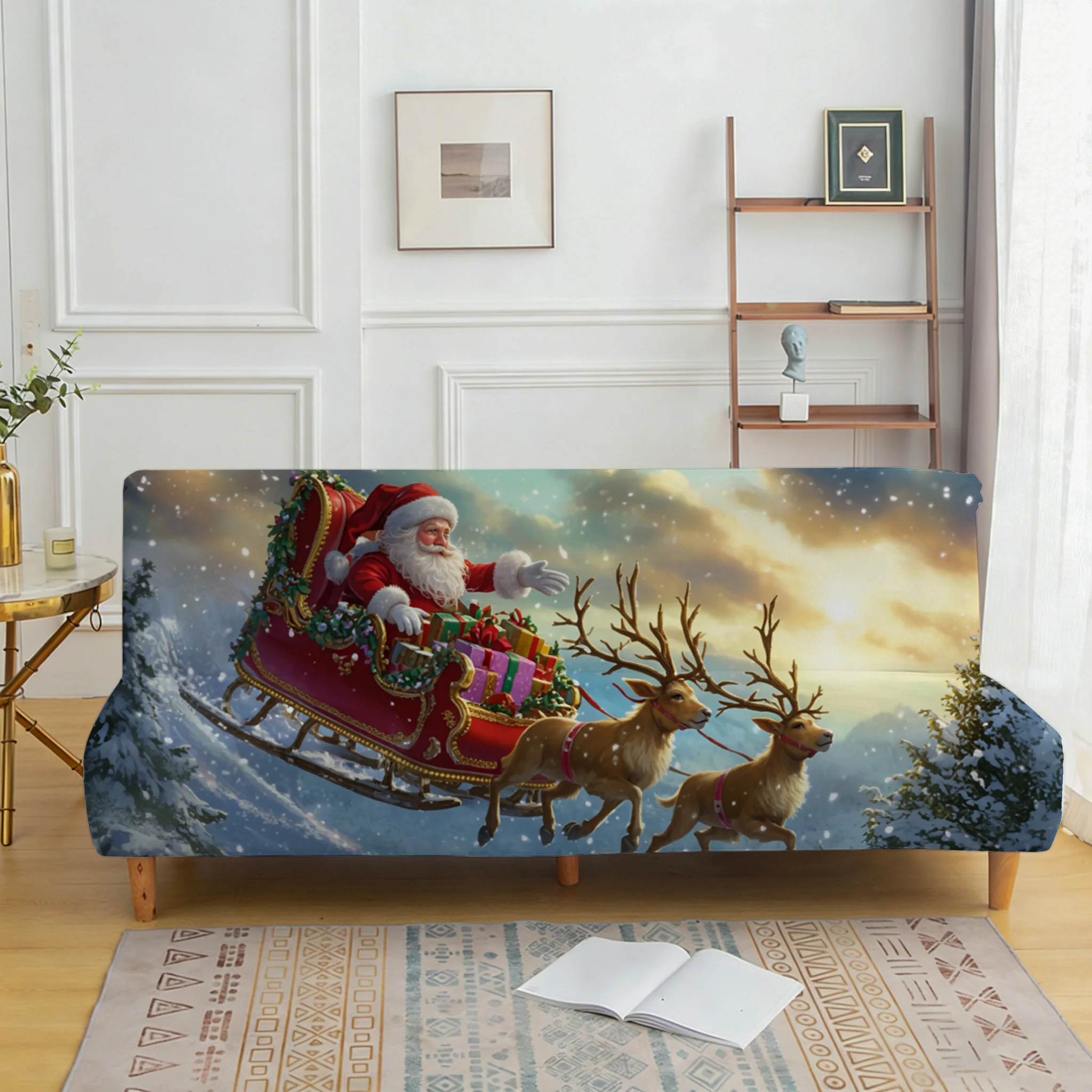 1PC Christmas Santa Reindeer View Village Printed Elastic Folding Sofa Bed Cover, Holiday Decoration Armless Sofa Bed cover
