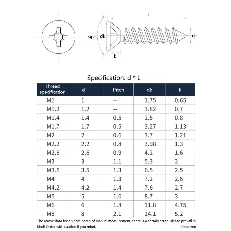 2-10pcs M4~M8 304 Stainless Steel Cross Recessed Countersunk Flat Head Tapping Screws Wood Self-tapping Phillips Furniture Screw