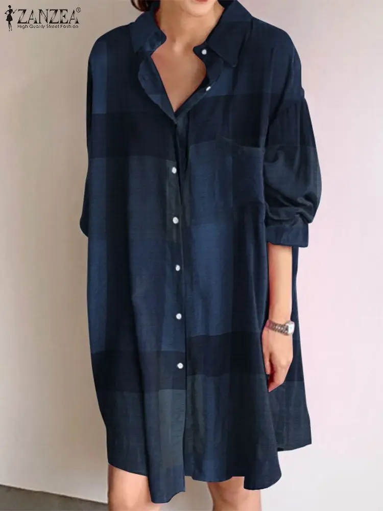 Vintage Check Shirt Dress ZANZEA Women Summer Sundress Robe Femme Casual Long Sleeve Short Vestidos Female Lapel Button Kaftan