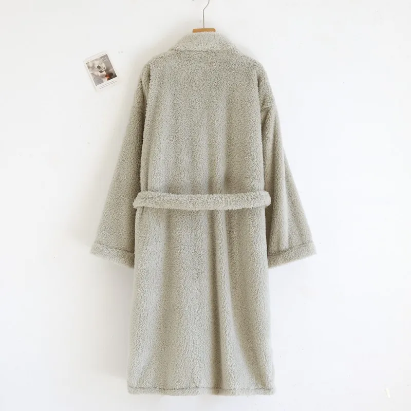 Autumn Winter Women Warm Fleece Robe Ladies Soft Bathrobe Couples Long Sleeve Dressing Gown Men Robes Simple Home Clothes