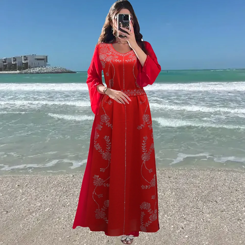 

Red Abayas for Women Luxury Dubai Diamonds Jalabiya Muslim Dress Dubai Belted Abaya Eid Djellaba Islam Clothing Kebaya Vestidos