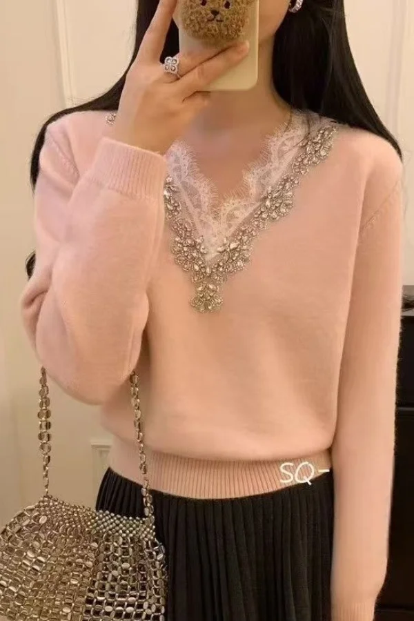 

Elegant Rhinestone Lace Patchwork Knitted Sweater for Women Spring Autumn Niche Design Base Layer Top Chic Outerwear Pullover