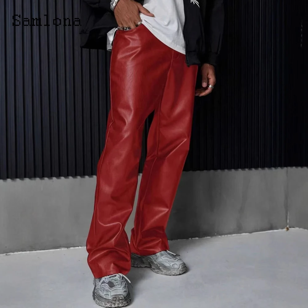 2026 Men's Rock Style PU Leather Pants Mens Sexy Night Club Dance Pants Men's Grunge Faux Leather Red Motorcycle Trousers New