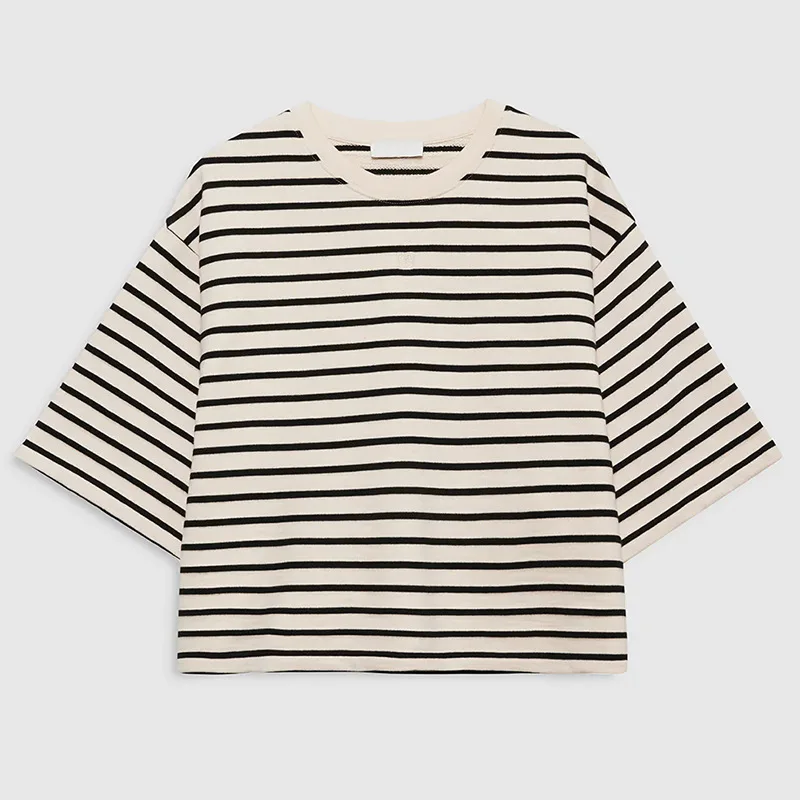 

Women's Summer Fashion Front Embroidery Striped Terry Short-Sleeved T-shirt Loose Fit Casual Style