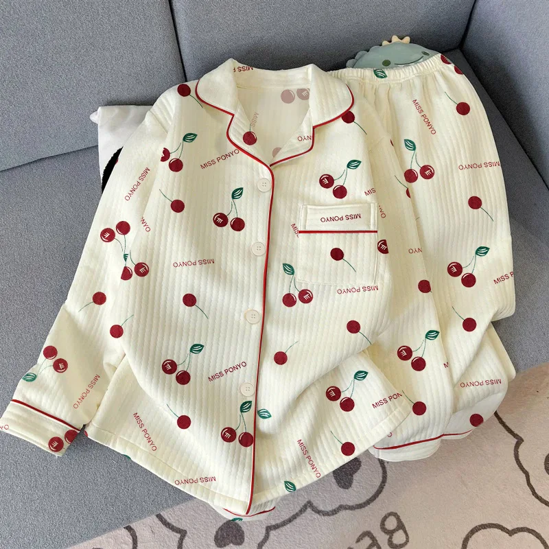 Spring and Fall New Sleepwear Women's Winter Style Letter Cherry Long Sleeved Set Can Be Worn as Outerwear Home Clothes Pajamas