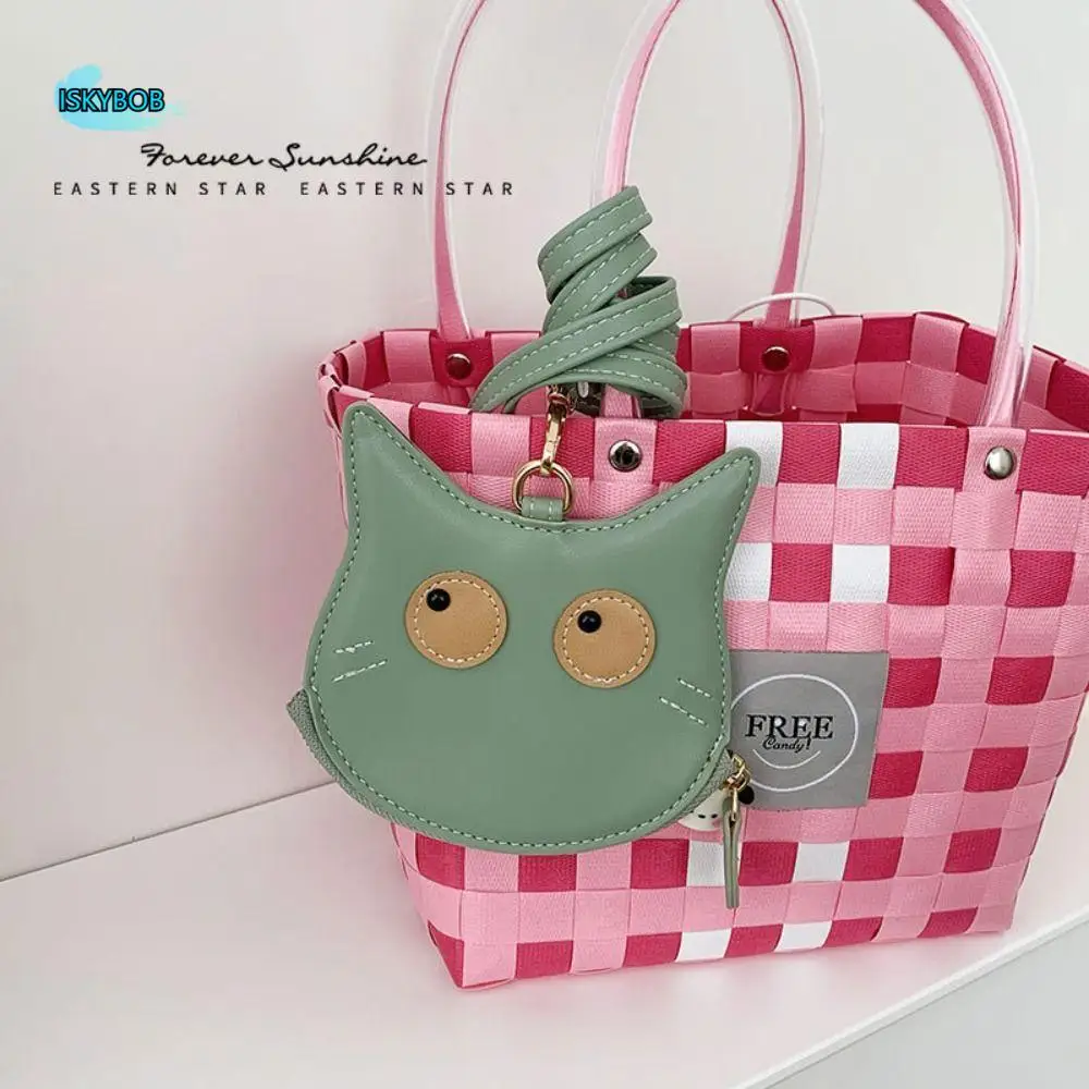 

PU Leather Hanging Neck Coin Purse Cat Kitten Lanyard Wallet Korean Style Lipstick Earphone Pouch Mini Storage Bag Shopping