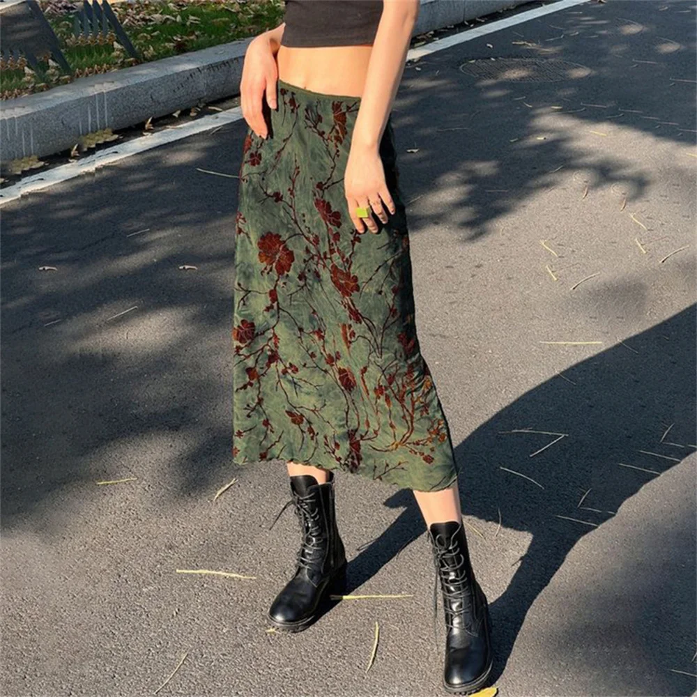 Harajuku Floral Print Long Skirt Women Female Low Rise Straight Midi Skirts Autumn Casual Ladies Skirts