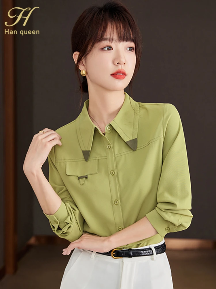 H Han Queen Spring Autumn Elegant Simple Single-Breasted Chiffon Women\'s Blouse Korean Loose Casual Vintage Shirts Office Tops