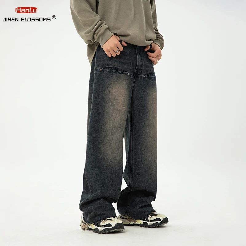 HANLU 2024 Men's Fashion Wear New Spring Vintage Male Washed Jeans High Waist Front Pocket Loose Straight Wide Leg Pants