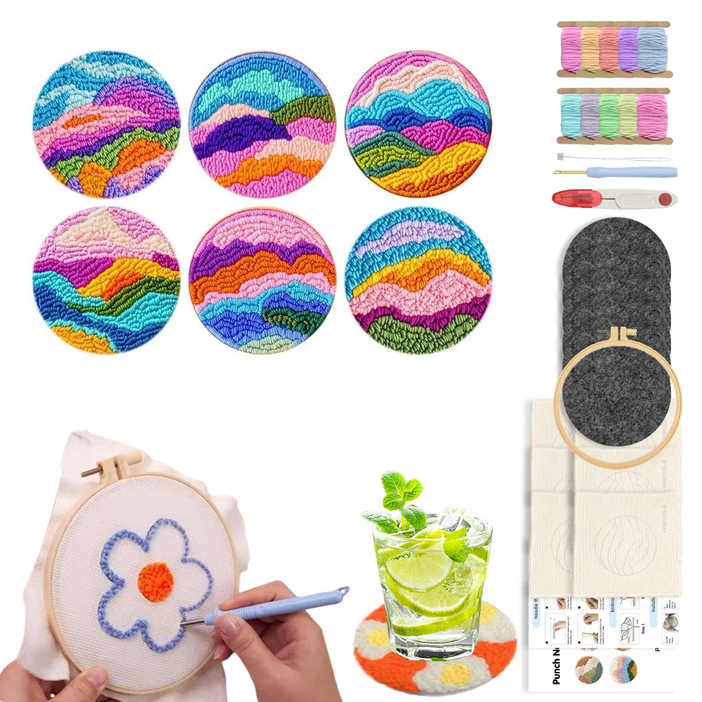 

Punch Needle Coaster Kit 6Pcs Crafts Punch Needle Coasters Kits for Beginners Landscape Coaster Tufted Rug Pads