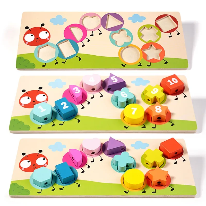 Wooden Geometry Puzzle Montessori Colour Geometry Cognitive Matching Board Rope Wearing Game  's Educational Toys