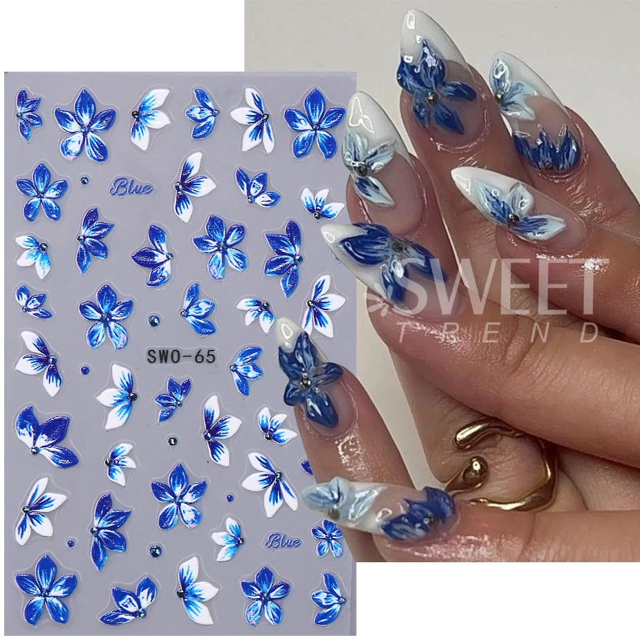 2pcs 3D Flower Nail Stickers Blue Purple Petals Floral Lily Nail Decals Elegant Decor DIY Adhesive Slider Manicure Accessories