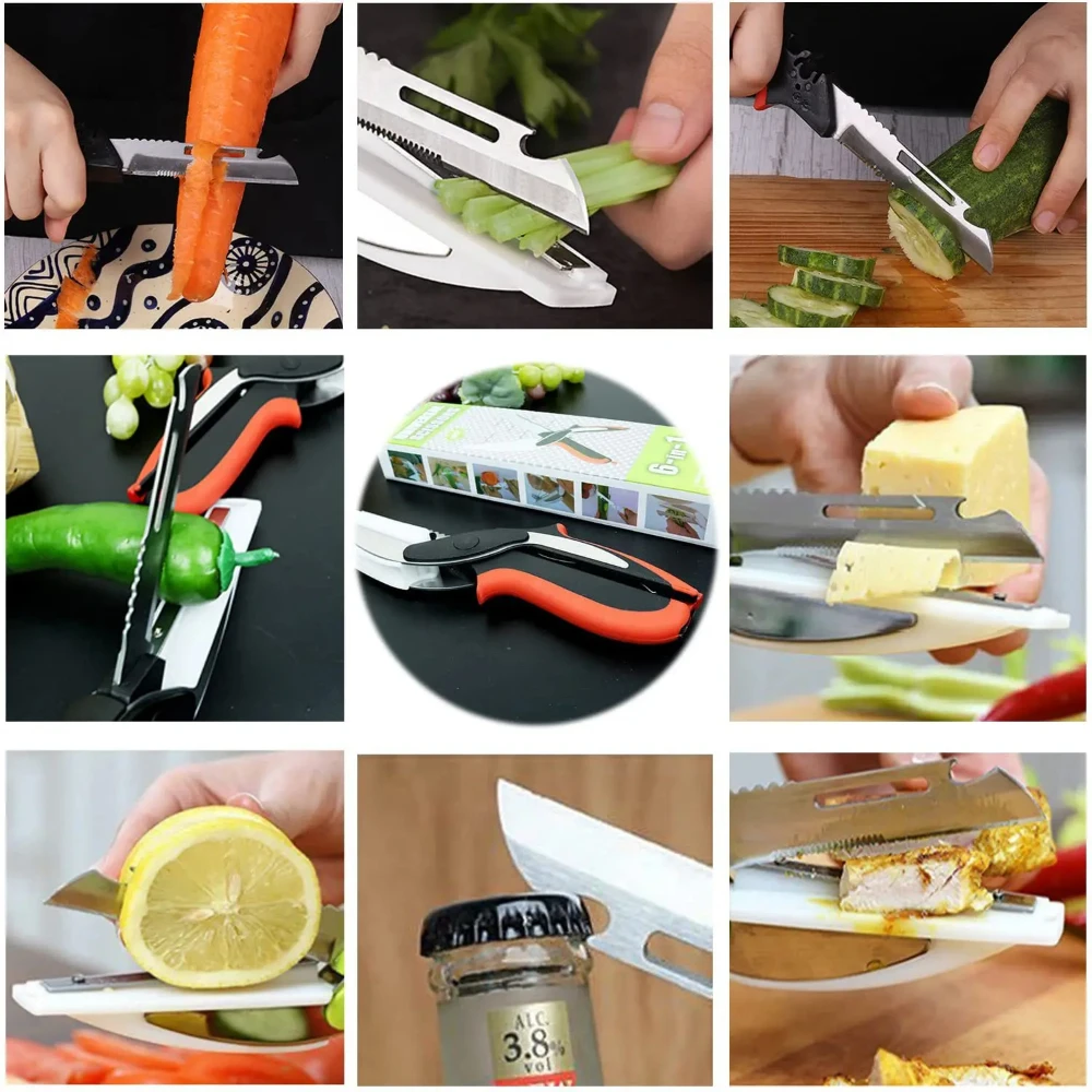 Stainless Steel Kitchen Scissors 6-in-1 Multifunctional Vegetable Scissors with Cutting Board Knife Food Cutter for Kitchen
