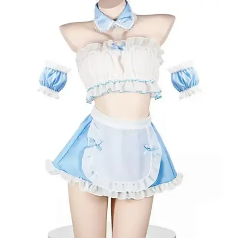 Sleeveless Bow Apron Skirt Set Exotic Nightwear,Cute Fresh Women's Maid Dress Cosplay Outfit Set,Light Blue School Costume Fall