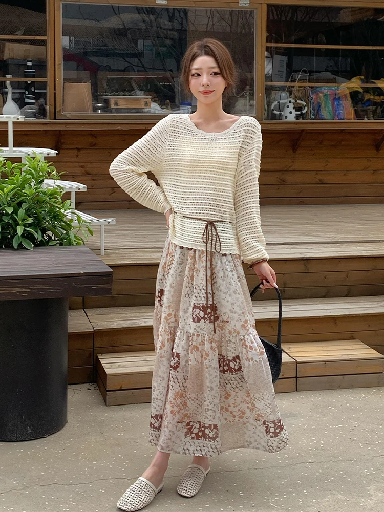 

Elegant White Hollow out Shirt And Skirt Set Women's Fashion Spring Summer Outfit High Waist Midi Skirt Comfortable Knit Top