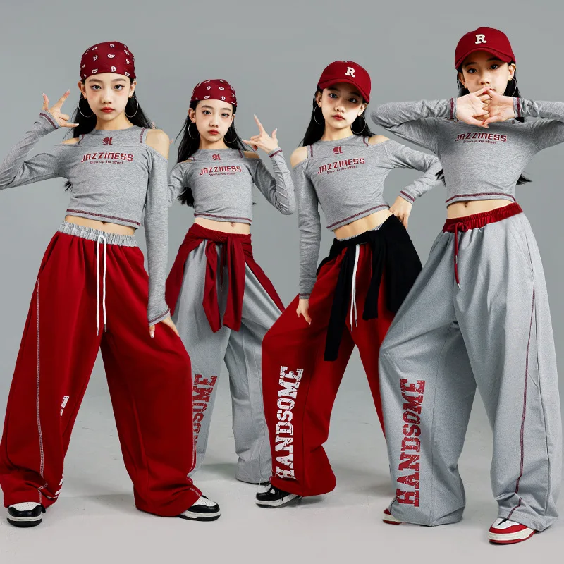 

Red Jazz Dance Performance Outfit Long Sleeve Top Children's Streetwear Dance Clothes Trendy Kids' Pants for Girls