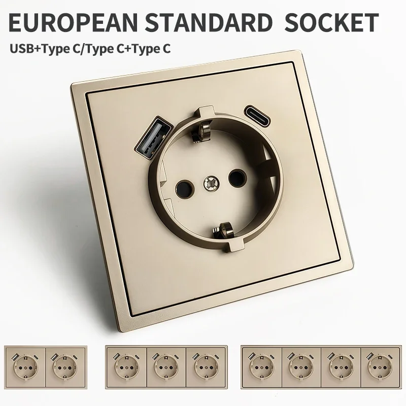 

2 USB Type-C Fast Charging EU Schuko Wall Socket, 80x80mm Modern Design 16A 250V h 1 to 5-gang power outlet for Home Office