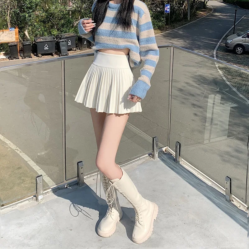 กระโปรงสั้นเอวสูงสีพื้นสไตล์หวานแบบครึ่งตัว สไตล์นักเรียน กระโปรงทรงเอแฟชั่นสีพื้น