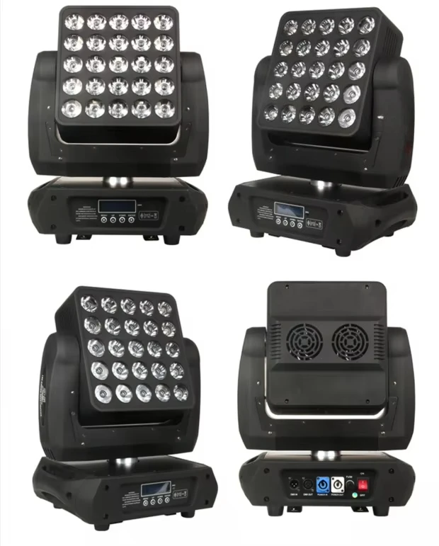 5x5 LED Matrix Moving Head Stage Light with 25x10W RGBW Quad Color 4-in-1 Effect Control Mode E27 Bulb Base