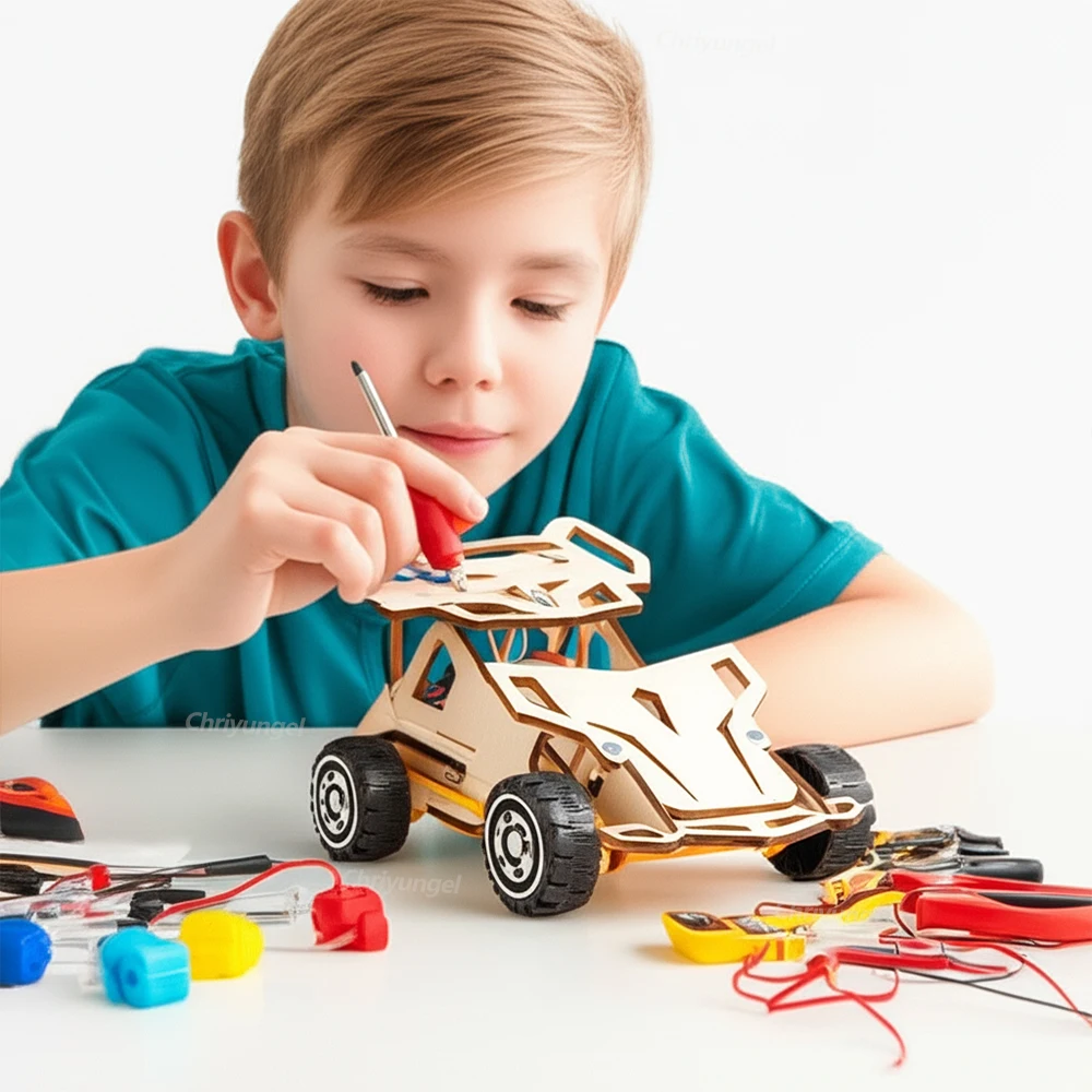 مجموعات سيارات خشبية تعمل بالتحكم عن بعد STEM 4WD ألعاب بناء مشروع العلوم التعليمية هدايا عيد ميلاد إبداعية للأطفال الأولاد والبنات