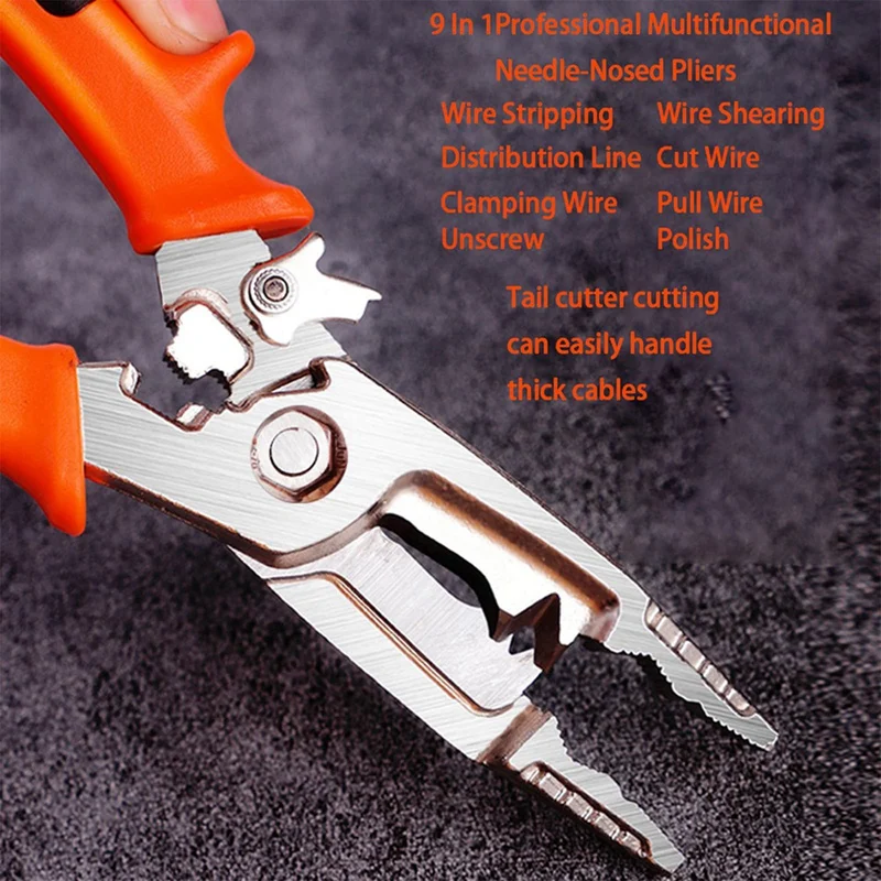 Orange Wire Stripper Pliers Tool With Tail Cutter, 8Inch Multifunctional Wire Stripping Crimping Tool For Electrician & Lineman