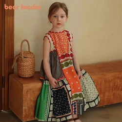 Bear Leader-vestido Multicolor geométrico sin mangas para niñas, moda de verano para niños, cuello redondo, cómodo, informal