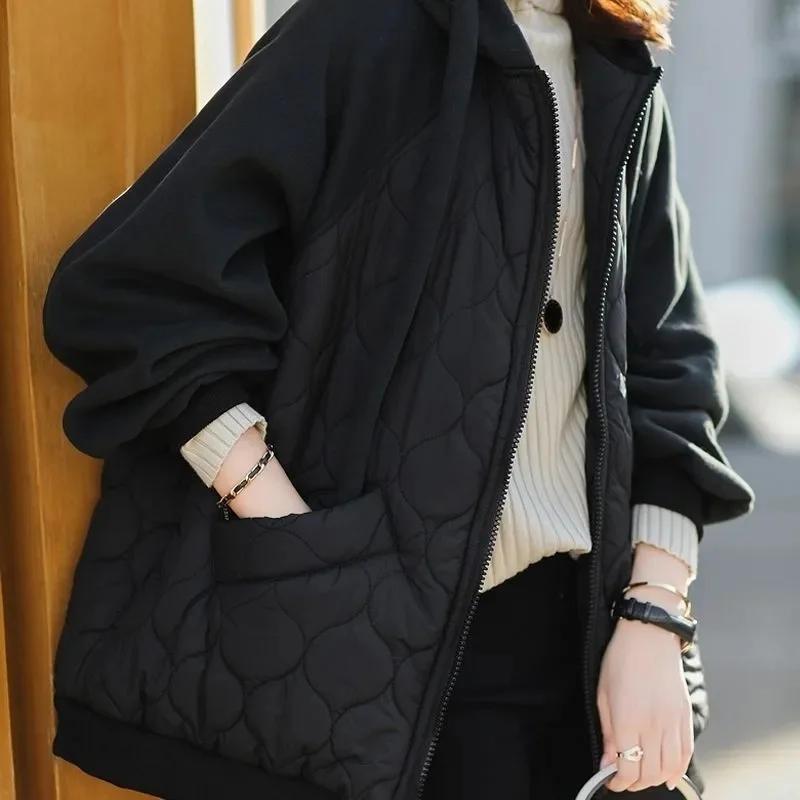 Large Size New Hooded Spliced Down Cotton Coat Thick Warm Puffer Jacket Female Korean Loose Cotton Padded Overcoat Quilted Parka