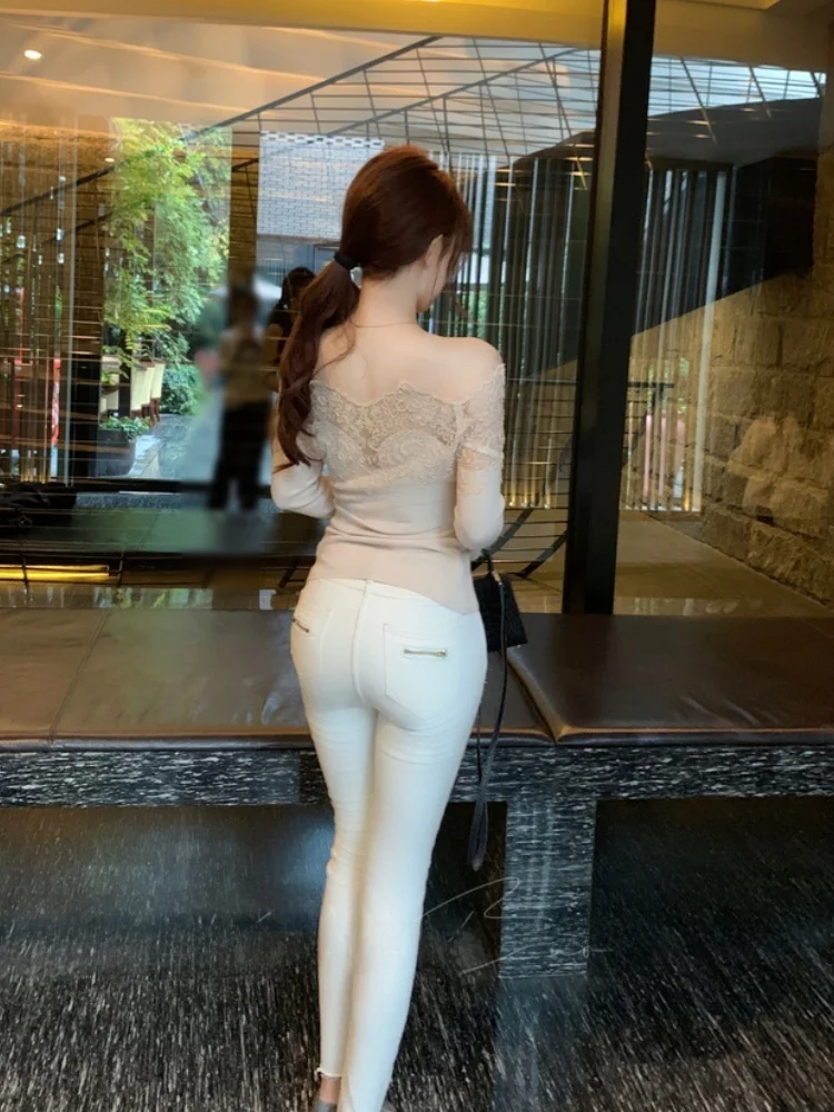 Ballet Beauty Pure Desire Splice Lace One Shoulder Knitted Sweater Women's Autumn Winter Slim Fit Base Top Female Fashion view 3