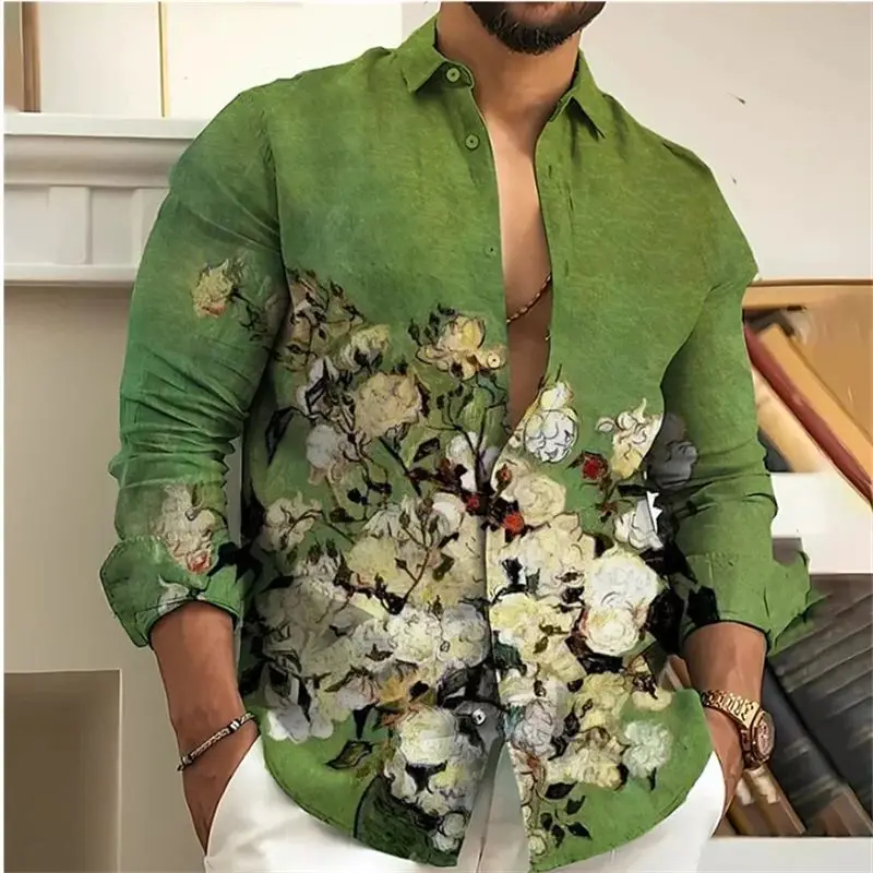 Vintage 2023 Men's Floral 3D Print Lapel Long Shirt Special Wide Fit Fleece Lined Autumn  Collar Nine Sleeve Denim Shirt