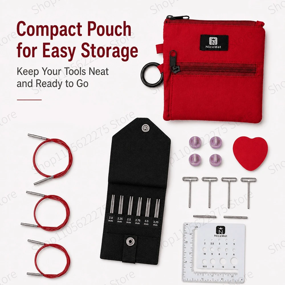 12 Pairs Interchangeable Circular Knitting Needle Set, Stainless Steel Tips, 5cm & 8cm, 2.0-3.25 mm, 3 Red Cables & Storage Case