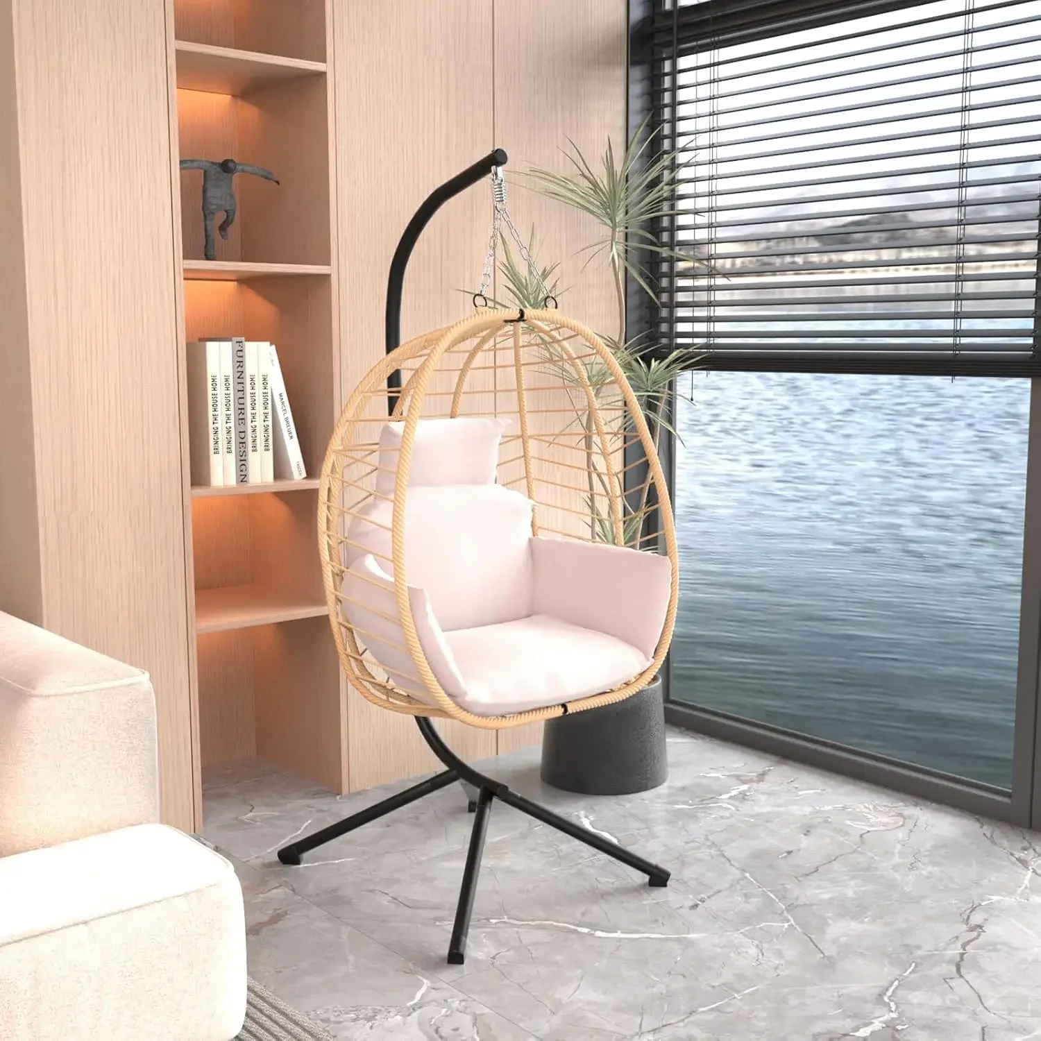 Silla colgante de mimbre con soporte, hamaca de Patio, columpio, cesta de mimbre, altura ajustable, resistente a los rayos UV para interiores y exteriores