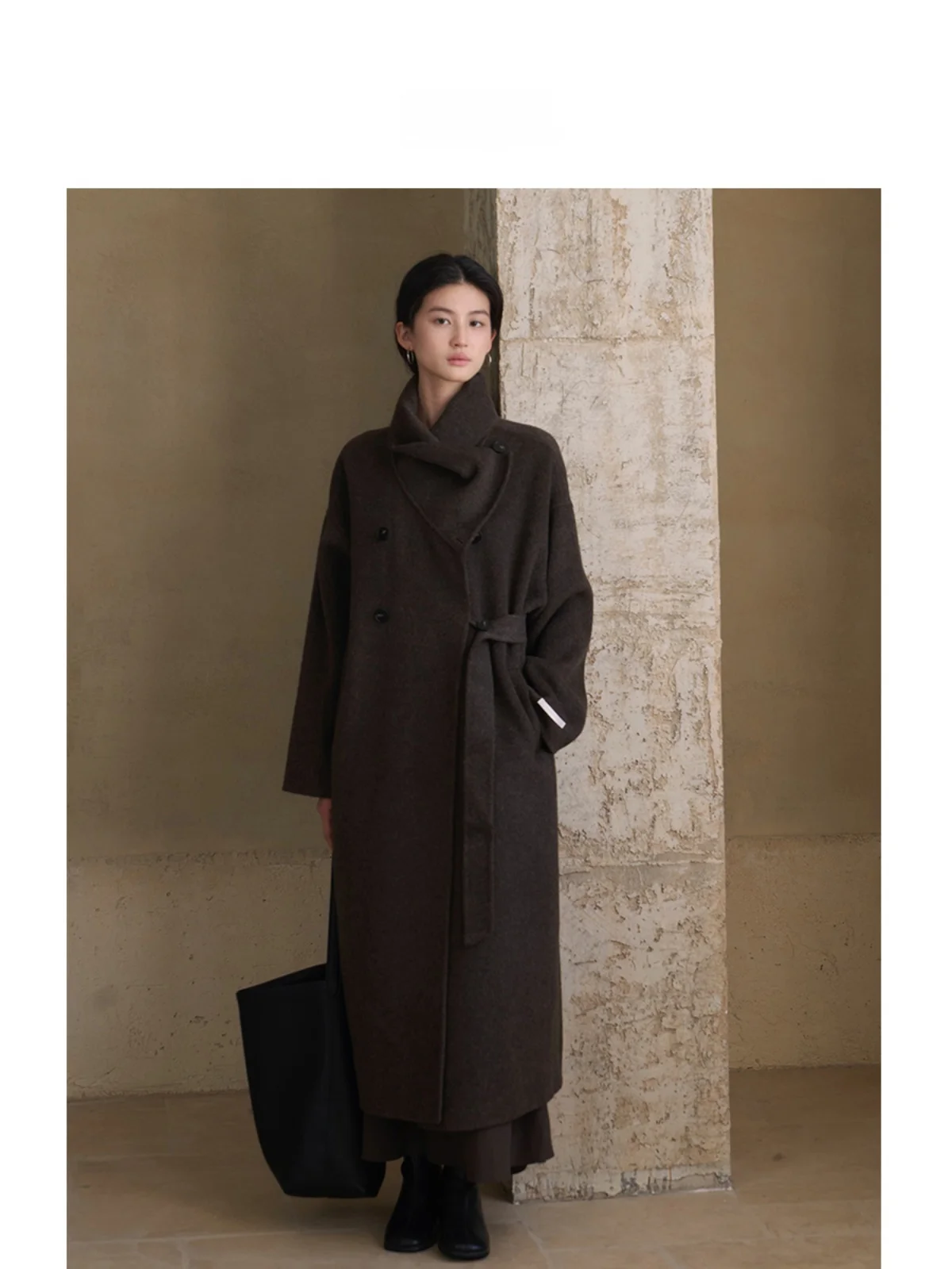 

Double-Faced Woolen Long Coat Stand Collar Design Korean Sle Commute Loose Fit Single Button Closure Autumn Faion Ladies