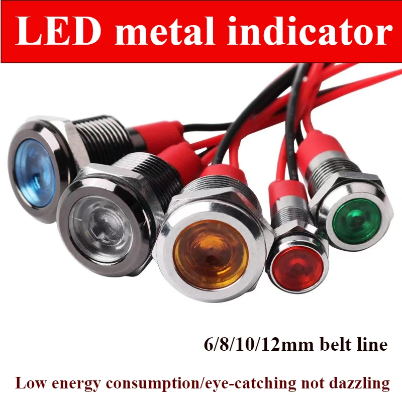 6mm 8mm 10mm 12mm LED indicatore luminoso in metallo lampada di segnalazione impermeabile con filo 3V 5V 6V 12V 24V 220v rosso giallo blu verde